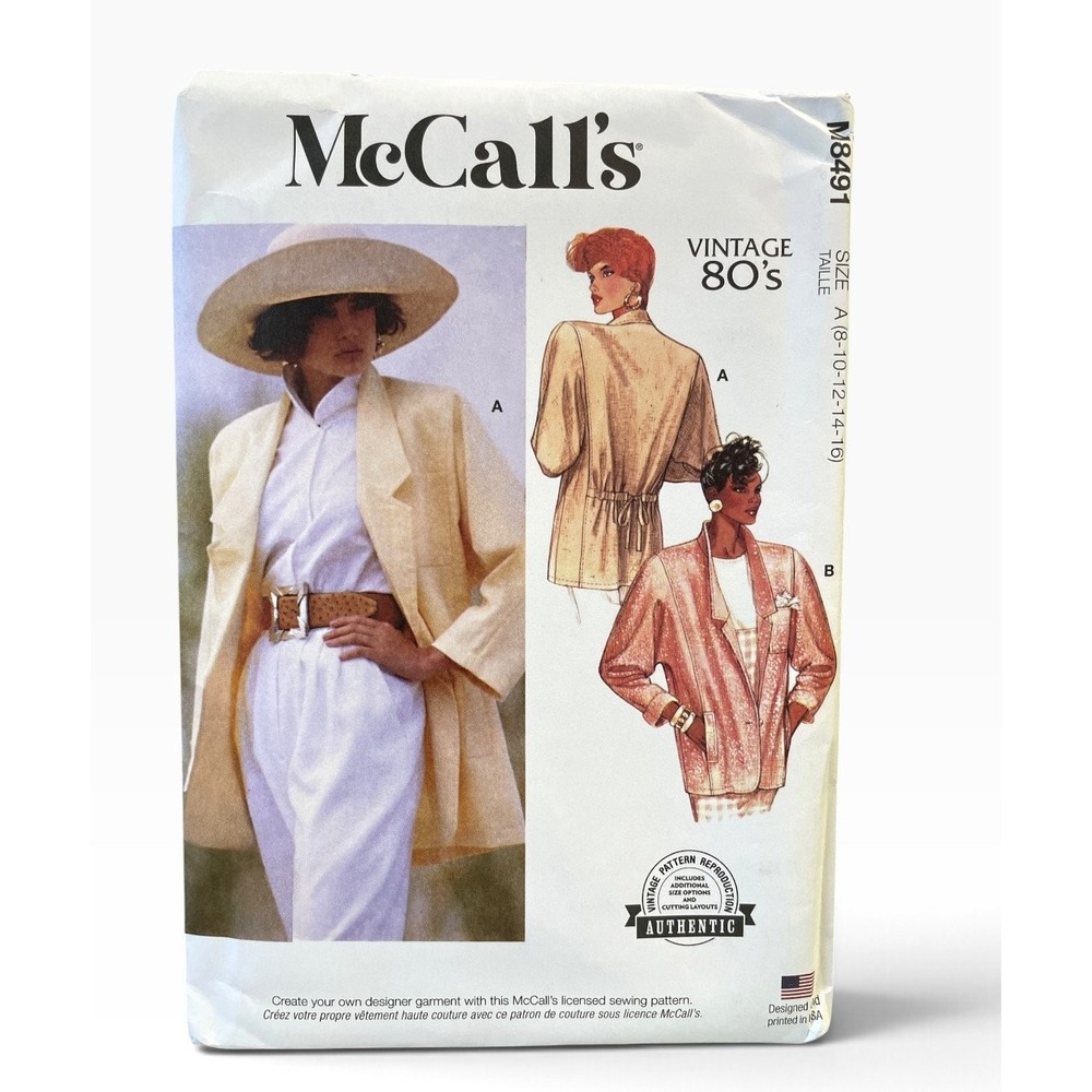 McCall's M8491 Misses Unlined Jacket Sizes A (8-10-12-14-16) Vintage 80s Uncut